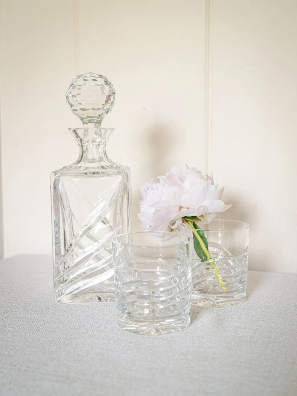 Vintage Clear Crystal Decanter Set with Faceted Stopper & 2 Glasses Barware